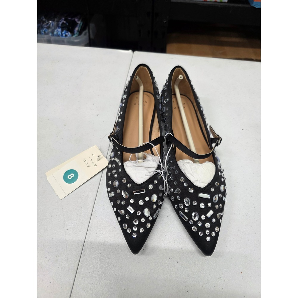 A New Day Womens Black Rhinestone Embellished Pointed Toe Mary Jane Flats Size 8